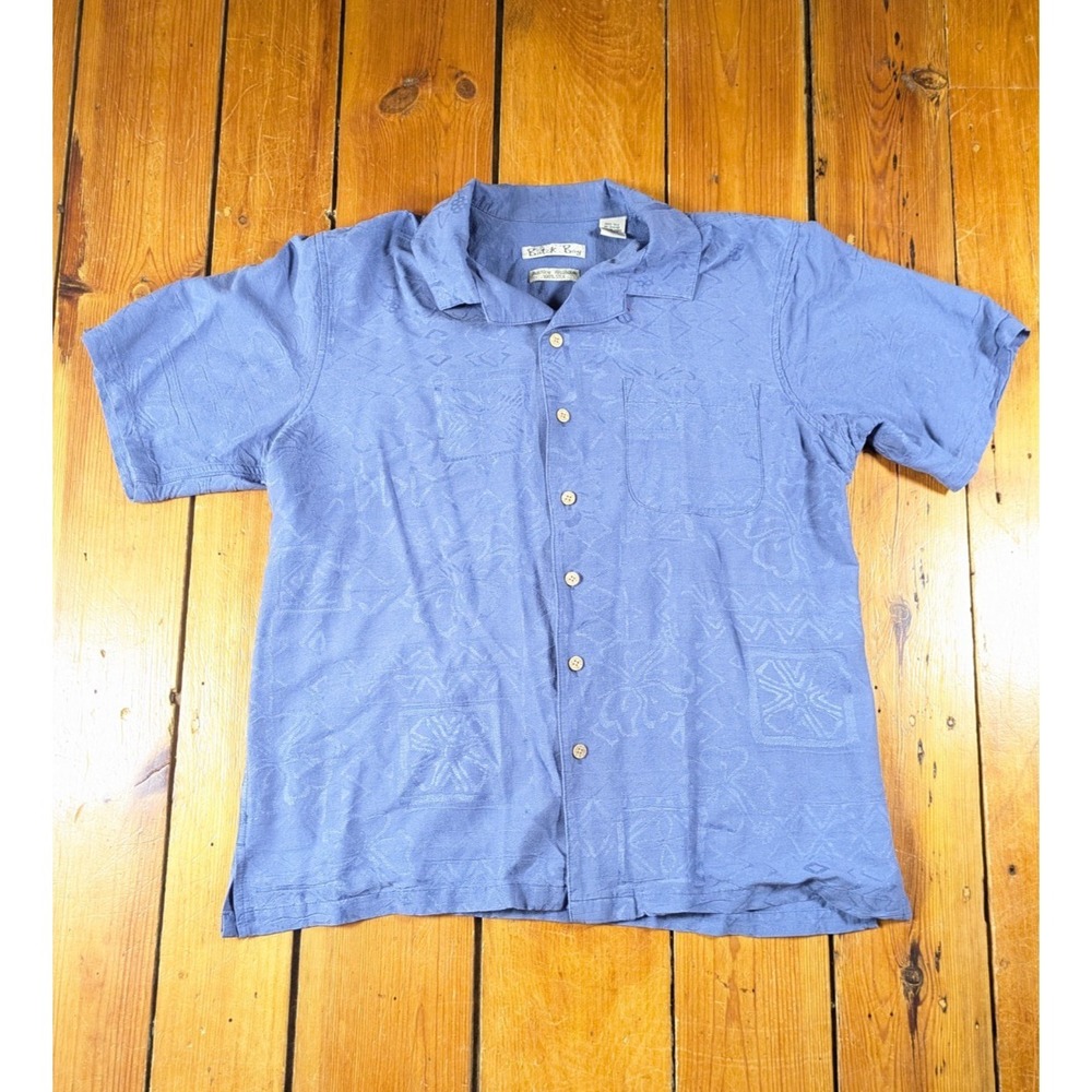 Vintage Blue Silk Camp Shirt Short Sleeve Embossed Floral Pattern  Beachy Vacati